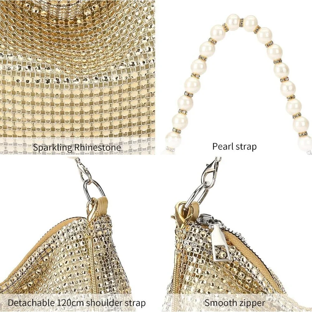 Vegan Leather Clutch Purse Silver Rhinestone Evening Bag with Detachable Chain